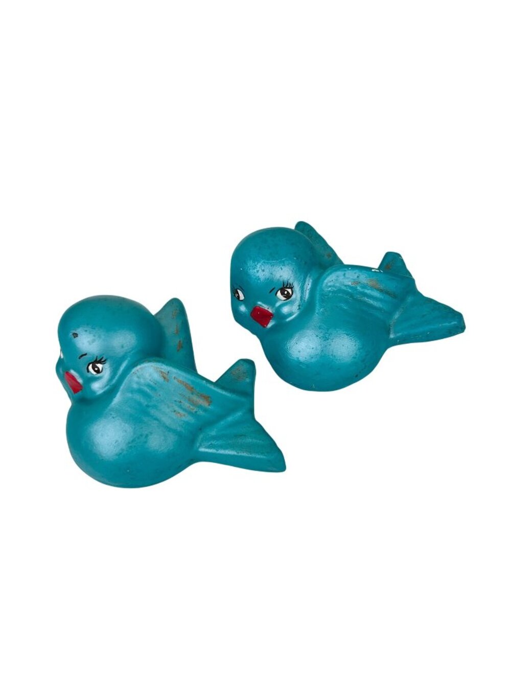 Vintage MCM Teal Chalkware Birds Wall Art Hanging Blue Eyelashes Red Lips Kitsch